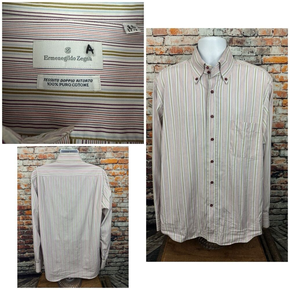 Ermenegildo Zegna Striped Dress Button Front Shirt 44-17.5 Double Twisted Fabric
